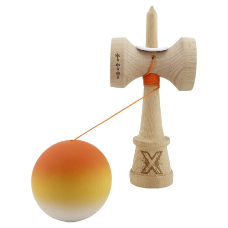 Kendama X Originala, Profesionala, Cyrax, Cupe Mari KING SIZE V3, Rubber Grip, Gaura in Baza, Rulment Metalic, din lemn 18 cm, Ata 62/65 cm, Gradient Portocaliu/Galben/Alb