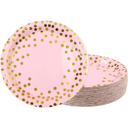 Set 10 Farfurii Unica Folosinta, Cyrax, Imprimeu cu Buline, din Carton, Diametru 23 cm, Roz/Auriu