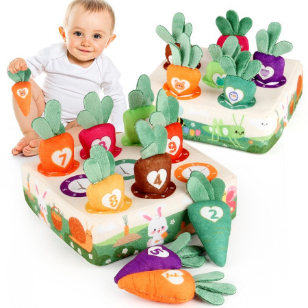Jucarie Interactiva Montessori, pentru Copii, de Sortat pe Culori, Cyrax, 9 Morcovi si Suport, Multicolor