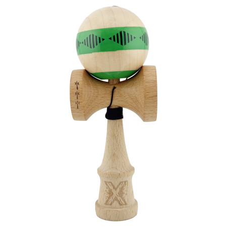 Kendama X FREQUENCY Originala, Profesionala, Cyrax, Big Cups V2, Super Sticky cu Cupe Mari, Rulment Metalic, din lemn 18 cm, Ata 55 cm, Verde/Maro