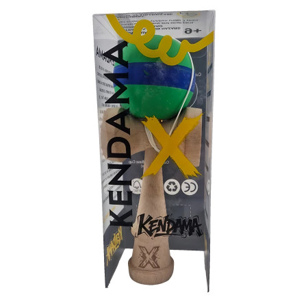 Kendama X Originala, Profesionala, Cyrax, 18 cm, din Lemn, Rubber Grip, Verde/Albastru