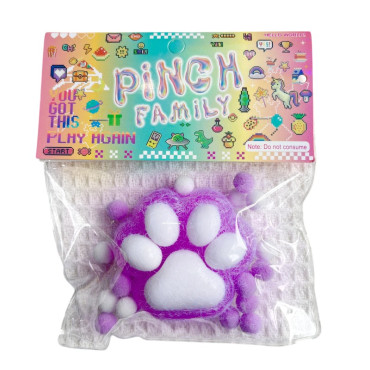 Jucarie Antistres Squishy, Cyrax, cu Revenire Lenta, Squeeze Pinch Family, Model Labuta de Pisica Pufoasa, 6x6 cm, 72g, Ambalaj Transparent, Mov-Alb