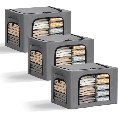 Cutie de Depozitare,  cu 3 Ferestre cu Fermoar Bidirectional, Cadru din Otel, Impermeabil, 38L, 42 x 30 x 30 cm, Gri Inchis