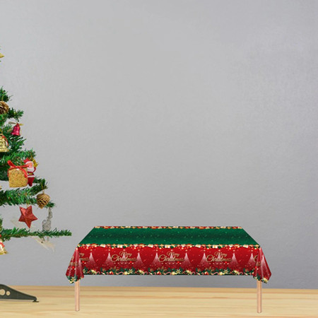 Fata de Masa Festiva, Cyrax, Dreptunghiulara, Imprimeu Merry Christmas, Tema Craciun, Rezistenta la Apa, din PVC, 137 x 274 cm, Rosu/Verde