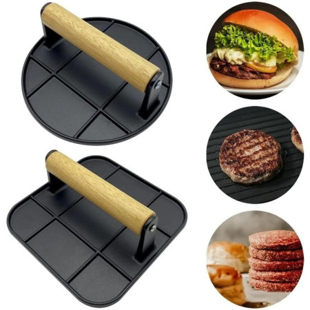 Presa Manuala pentru Carne, Cyrax, din Aliaj de Aluminiu, Maner din Lemn, Presa pentru Burgeri, Usor de Curatat si Folosit, Patrata, 16x16x6 cm, Neagra