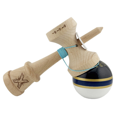 Kendama X Originala ROYAL SPIKE, Profesionala, Cyrax, Cupe Mari KING SIZE V3, Super Sticky, Gaura in Baza, Rulment Metalic, din lemn 18 cm, Ata 55 cm, Inel Albastru inchis