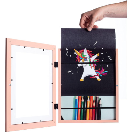 Rama Foto  cu Magnet, din Lemn, cu Spatiu Pentru Depozitare, Pentru Desene si Picturi A4, Sticla Securizata, Rama MDF, 21x30 cm, Roz