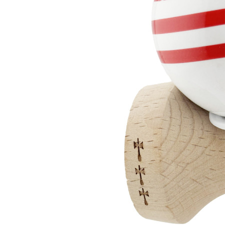 Kendama X Originala CHICANOS, Profesionala, Cyrax, Cupe Mari KING SIZE V3, Super Sticky, Gaura in Baza, Rulment Metalic, din lemn 18 cm, Ata 55 cm, Rosu/Alb