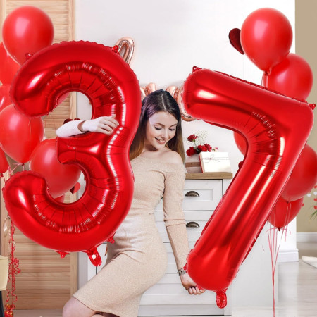 Balon din Folie Metalizata Cyrax, Figurina Cifra, Tema Aniversare 80 cm, Ambalaj Individual, Pai inclus, Umflare cu Aer sau Heliu, Rosu, Cifra 3