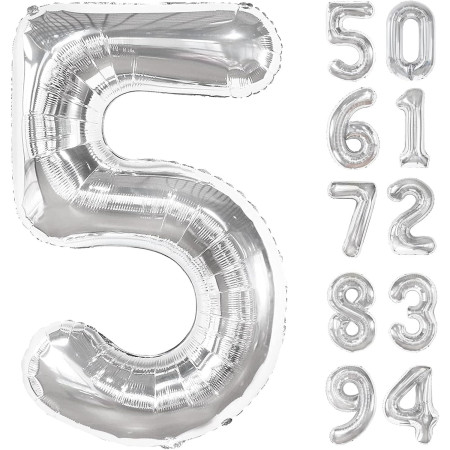 Balon din Folie Metalizata, Cyrax, Figurina Cifra, Tema Aniversare 100 cm, Ambalaj Individual, Pai inclus, Umflare cu Aer sau Heliu, Argintiu, Cifra 5