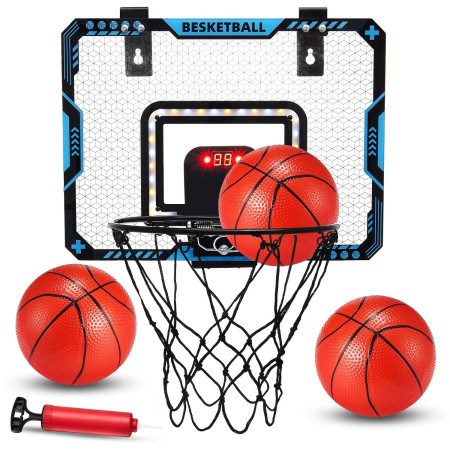 Cos de Baschet pentru Copii, Cyrax, cu Tablou de Bord Electronic, Minge, Pompa, 2 Moduri, Interior/Exterior, Inel Metalic si Rabatabil cu Arc, Luminos, 41x31x5 cm, Multicolor