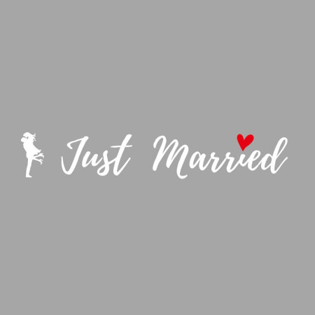 Sticker Autocolant, Cyrax, Tematica Nunta, Model Indragostiti, cu Scris Just Married, 50x11.5 cm, Alb