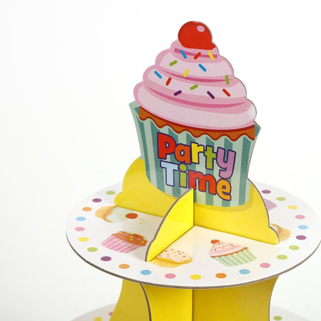 Suport Prajituri, Cyrax, 3 Etaje, Design de Petrecere, pentru Prajituri, Candy Bar, din Carton, Galben/Multicolor