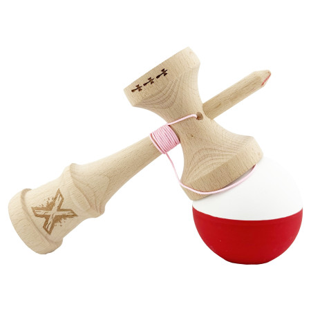 Kendama X Originala, Profesionala, Cyrax, Big Cups V2, Rubber Grip cu Cupe Mari, Rulment Metalic cu Ata 55 cm, Alb/Rosu