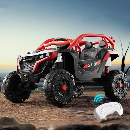 Masina Electrica pentru Copii, Cyrax, Tip Buggy/UTV Off-Road Dual Drive, Conectare Bluetooth, Telecomanda, Lumina Intermitenta si Muzica, Baterie 380*2, 6V 7Ah, 97 x 62 x 58 cm, Rosu Negru