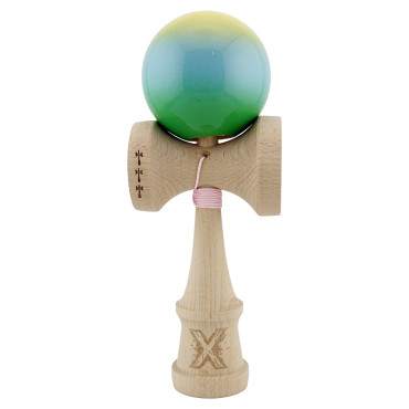 Kendama X Originala, Profesionala, Cyrax, Big Cups V2, Super Sticky Cupe Mari, Rulment Metalic cu Ata 55 cm, Galben/Albastru deschis/Verde