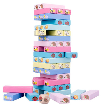 Joc de Societate, Cyrax, pentru Copii, din Lemn, Interactiv, Distractiv, Jenga Stack High Blocks, cu Zar, 51 de Piese Animate, 24.5x18x5 cm, Multicolor