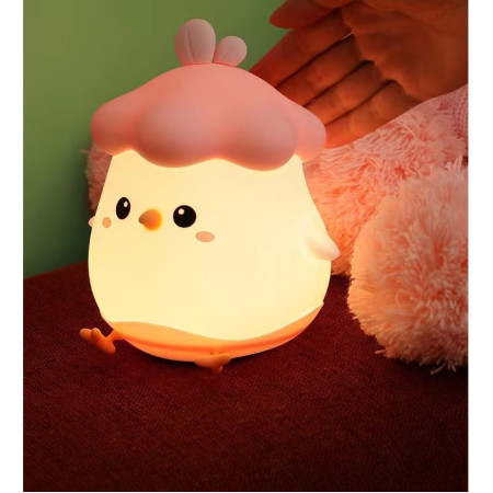 Lampa de Veghe pentru Copii,  din Silicon, Senzor Tactil, Model Pui, Lumina Calda, Protectie pentru Ochi, Incarcare USB, Capacitate Baterie Incorporata 800mAh, 11 x 10 x 12.4 cm, Roz