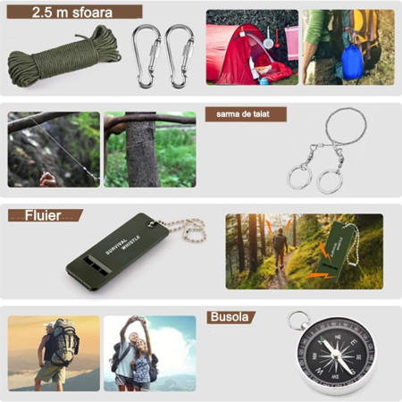 Kit supravietuire multifuncional  42 de Instrumente Profesionale, Echipament de prim-ajutor, Drumetie, Camping