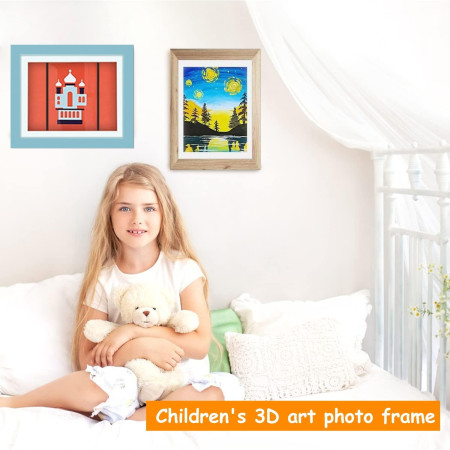 Rama Foto  cu Magnet, din Lemn, cu Spatiu Pentru Depozitare, Pentru Desene si Picturi A4, Sticla Securizata, Rama MDF, 21x30 cm, Albastru