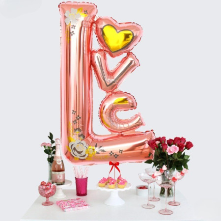 Balon din Folie Metalizata, Cyrax, Figurine, Model LOVE, Tematica Iubire, 110x64 cm, Ambalaj Individual, Pai Inclus, Umflare cu Aer sau Heliu, Roz
