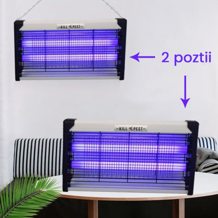 Lampa Electrica Anti Insecte,  Lumina Neon, 2 tuburi cu putere de 40W, Suspensie Perete, Carcasa din Plastic Metalica, 64 x 25 x 6 cm, Alb Negru