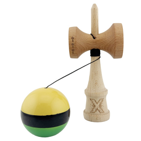 Kendama X Originala, Profesionala, Cyrax, Big Cups V2, Super Sticky cu Cupe Mari, Rulment Metalic, din lemn 18 cm, Ata 55 cm, Galben/Negru/Verde