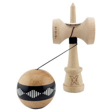 Kendama X Originala FREQUENCY, Profesionala, Cyrax, Cupe Mari KING SIZE V3, Super Sticky, Gaura in Baza, Rulment Metalic, din lemn 18 cm, Ata 55 cm, Negru/Maro