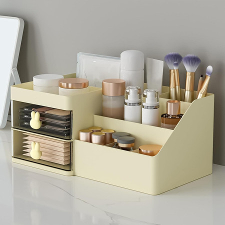 Cutie de Depozitare pentru Birou,  Pentru Makeup, Papetarie, Organizator Cosmetice, 2 Sertare si Compartimente Multiple, Model Iepuras, Plastic, 27.5x15.5x12 cm, Crem