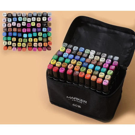 Set 60 Markere, Cyrax, pe Baza de Ulei, Dublu Capat, Subtire 1mm si Gros 6 mm, Geanta Depozitare, 15 cm, Multicolor