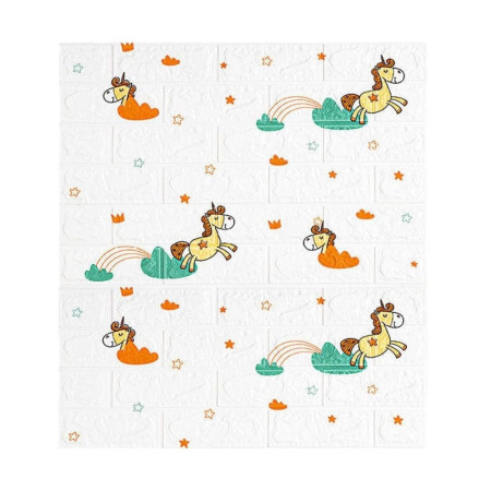 Set 10 Placi Tapet 3D,  70 x 77 cm, Grosime 3 mm, din Polietilena, Tip Caramida, Model Unicorni, Suprafata acoperita 5.3 mp, Alb