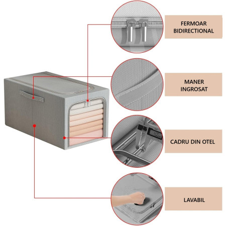 Cutie de Depozitare,  31L, din In si Bumbac, Pliabila, Cadru din Otel, 45 x 30 x 23 cm, Albastru Fumuriu