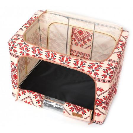 Cutie de Depozitare Pliabila, 100 L din Bumbac si In, 60X42X40 cm, Fereastra Frontala, 2 Usi de Acces cu Fermoar Bidirectional, Cadru Metalic, Suport Baza Stabil din Plastic, Motiv Traditional Model 2