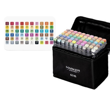 Set 60 Markere, Cyrax, pe Baza de Ulei, Dublu Capat, Subtire 1mm si Gros 6 mm, Geanta Depozitare, 15 cm, Multicolor