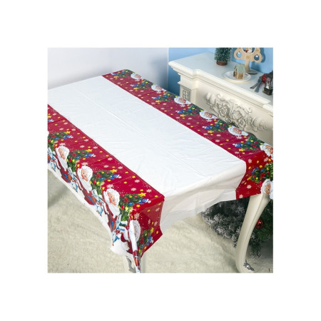 Fata de masa dreptunghiulara  PVC, 2.5 mm grosime, imprimeu Mos Craciun cu iepuras, potrivit pentru Craciun, utilizare multipla, 180 x 108 cm, alb