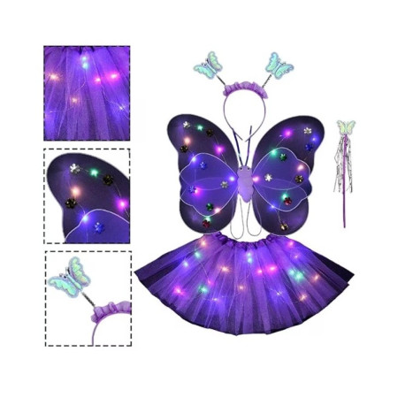 Costum Fluturas cu Aripi Modelabile Luminoase pentru Copii, Cyrax, Fusta din Tul cu Lumini, Bagheta si Bentita, 4 piese, Pentru Halloween, Roleplay, Craciun, Carnaval, Paste, Ziua Copilului, Bumbac/Poliester, Marime universala, Mov