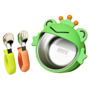 Set 3 Piese Diversificare Bebelusi si Copii, Cyrax, Bol, Lingura si Furculita, Model Broscuta, din Silicon si Otel Inoxidabil, Verde