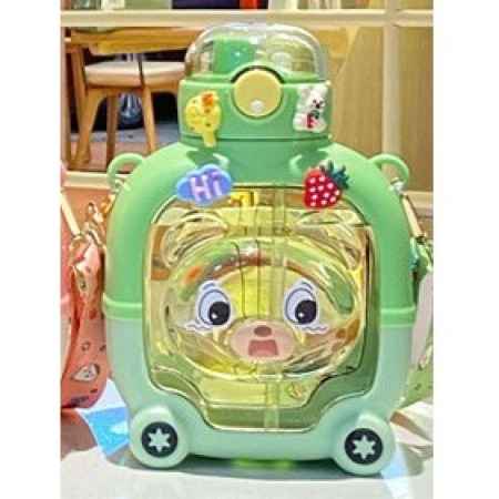 Sticla cu pai pentru copii, Cyrax, model ursulet, gradata, stickere aplicate, curea reglabila, din plastic rezistent la cadere, 1l, Verde, 20 x 13 cm