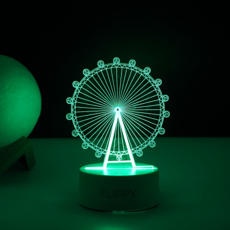 Lampa LED decorativa,  3D, Roata Panoramica, cu telecomanda, doua moduri de alimentare USB si baterii, 20 cm inaltime, din material acril si lumina multicolora, alb