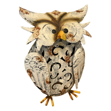 Decoratiune de Gradina cu Lampa solara,  Model Bufnita, Iluminare Led si Incarcare Solara, 20.5 x 10 x 25.5 cm, din Fier, Gri Alb