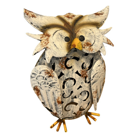 Decoratiune de Gradina cu Lampa solara,  Model Bufnita, Iluminare Led si Incarcare Solara, 20.5 x 10 x 25.5 cm, din Fier, Gri Alb