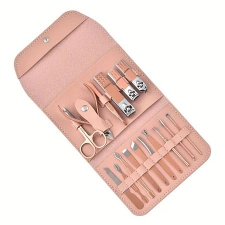 Set 16 Piese de Ingrijire Cosmetica, Cyrax, pentru Manichiura, Pedichiura, Fata, Geanta Organizatoare din Piele Ecologica Inclusa, Roz