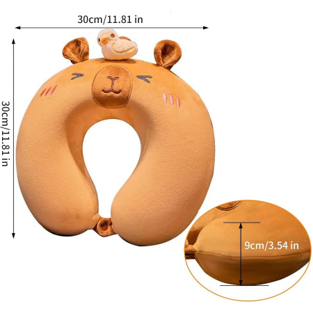 Perna de Calatorie in Forma de U,  Pentru Gat si Cap, Umplutura din Spuma cu Memorie, 30x30 cm, Model Capybara, Accesoriu de Voiaj, Birou, Masina, Sistem Prindere Capse, Maro