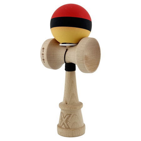 Kendama X Originala, Profesionala, Cyrax, Cupe Mari KING SIZE V3, Rubber Grip, Gaura in Baza, Rulment Metalic, din lemn 18 cm, Ata 62/65 cm, M Rosu/Negru/Galben