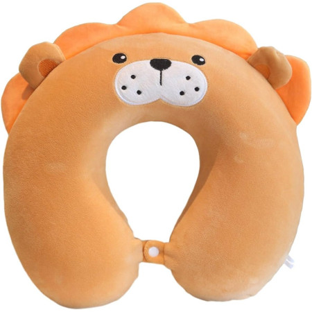 Perna de Calatorie in Forma de U,  Pentru Gat si Cap, Umplutura din Spuma cu Memorie, 30x30 cm, Model Leu, Accesoriu de Voiaj, Birou, Masina, Sistem Prindere Capse, Maro