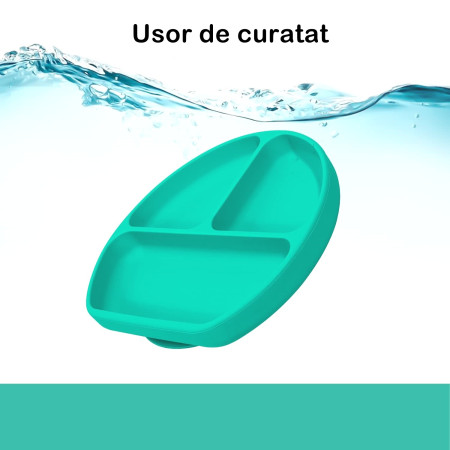 Set 5 piese diversificare bebelusi si copii din silicon Cyrax, baveta, farfurie compartimentata cu ventuza, bol cu ventuza, tacamuri, fara alergeni, verde