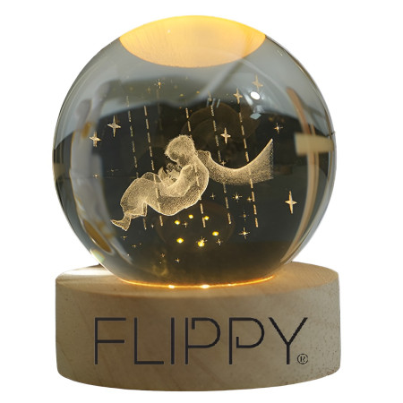 Lampa LED Decorativa,  cu Bila de Cristal cu Diametru 6cm, Model Micul Print 3D, Alimentare USB, Suport din Lemn, Lumina Alb Cald