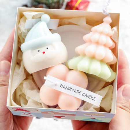 Lumanari Parfumate de Craciun,  Gift Box Set cu 3 Lumanari Aromaterapie, 11 x 11 x 7.5 cm, Roz Verde