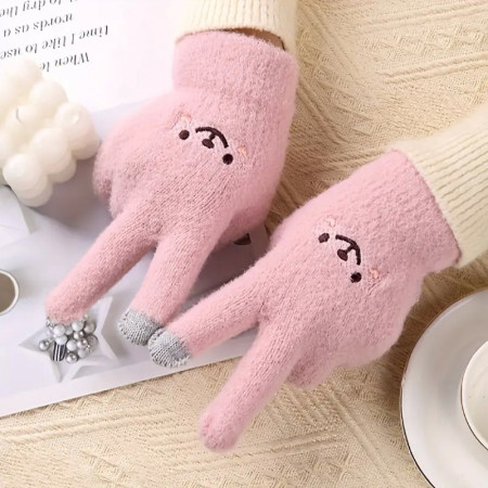 Manusi Dama,  Model Fata Zambitoare, Functie Touchscreen (ecran tactil), Material Lana Brodata, Manseta Elastica, Interior Pufos, Marime Universala, Roz