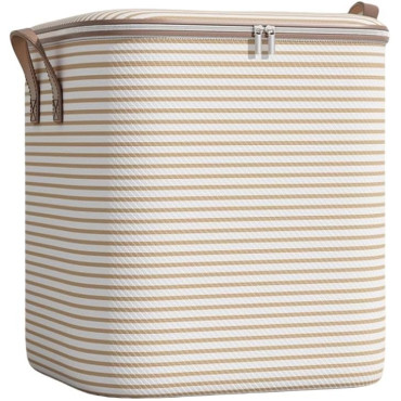 Cutie de Depozitare cu Fermoar,  Pliabila, Maner Ranforsat, Fermoar Rezistent, pentru Haine, Paturi, Plapume, Perne, Lenjerii de Pat, Jucarii, 56x45x56 cm, 150 Litri, in Dungi, Bej